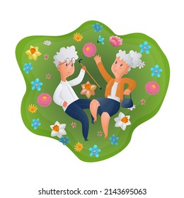 Vector isolated illustration of elderly couple of old man and an old woman lying on the grass with flowers. Concept Valentine s Day, love at any age. Can be used in postcards, banners, etc.