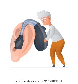 Vector isolated illustration with an elderly man who puts a hearing aid on an enlarged ear. Concept hearing aids, treatment of deafness in the elderly. You can use in web design, banners, etc.