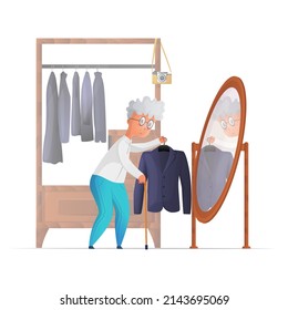 Vector isolated illustration with an elderly man trying on clothes, a jacket in front of a mirror. Concept of fashionable clothes for adults and the elderly. It can be used in web design, banners etc.