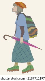 Vector isolated illustration of elderly woman with umbrella. Autumn concept.