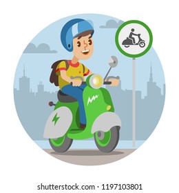 Vector isolated illustration of electric scooter wirh rider. Color motorcycle on city background and motorbike icon.