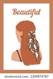 Vector isolated Illustration of elegance hairstyle of woman with long brown hair and headscarf with pattern. Back view, look from behind. Beauty fashion salon concept on white background