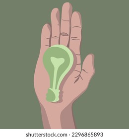 Vector isolated illustration of energy conservation. A light bulb on the palms. Saving electricity. Saving the planet.