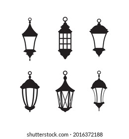 Vector isolated illustration of english hanging lanterns silhouettes. Collection of six black icons of classical lamps