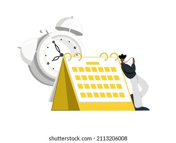 Vector Isolated Illustration With An Enlarged Calendar, Alarm Clock And A Person Looking At The Phone. The Concept Of Planning, Timer, Pomodoro, Etc. You Can Use Elements In Web Design, Banners, Etc.