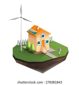 Vector isolated illustration of environmentally friendly house in isometric view with wind generator in the courtyard and solar panels on the roof, fence in the backyard, and a mailbox beside the road