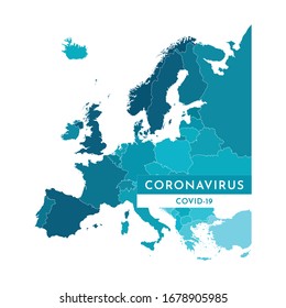 Vector isolated illustration. European map in blue colors with text - Coronavirus Covid-19.  Danger of pandemic for the world. White background. Global quarantine.