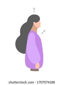 Vector isolated illustration. Exercises by girl who work with back. Correct straight posture. Creative concept. Violet colors. White background. Flat style.