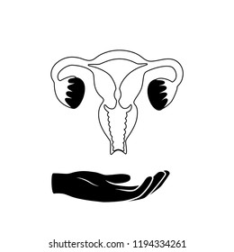 Vector isolated illustration of female donor reproductive system anatomy. Uterus, cervix, ovary, fallopian tube icon with hand. Woman medical center, hospital, clinic logo. Donation concept design. 