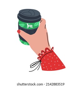 Vector isolated illustration with a female hand holding a paper cup of tea. The concept of beverages, drinks, tea. You can use the element in web design, flyers, etc.