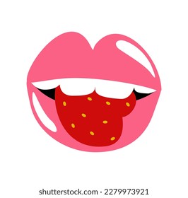 Vector isolated illustration with female mouth eating strawberry. Mukbang concept.
