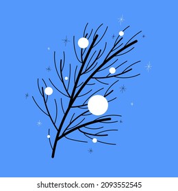 Vector isolated illustration of a festive fir branch with snow balls and flakes on a blue background. Winter simple art, spruce, Christmas tree, New Year. Holiday, decoration
