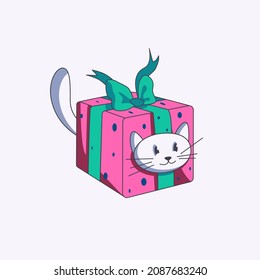 Vector isolated illustration of a festive white cat in a pink gift costume with green bow and ribbons. Holiday, decoration, present. Funny character