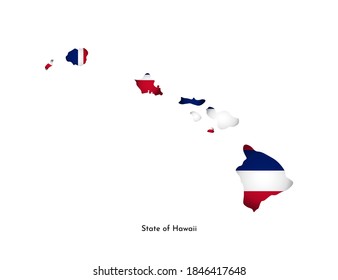 Ilustración aislada de vectores con bandera y mapa simplificado de Hawaii (Estado de los Estados Unidos). Sombra de volumen en el mapa. Fondo blanco