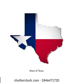 Ilustración aislada de vectores con bandera y mapa simplificado de Texas (Estado de los EE.UU.). Sombra de volumen en el mapa. Fondo blanco