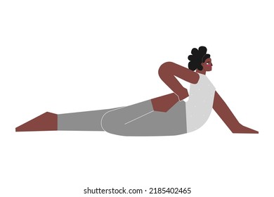 Vector isolated illustration with flat african american female character. Sportive Body positive woman learns posture with backbend - Ardha Bhekasana at yoga class. Fitness exercise - Half Frog Pose