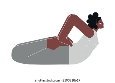 Vektorgrafik einzeln mit afroamerikanischem Charakter. Sportive Bewegung - Froschpose. Starke Frau lernt Haltung in der Yoga-Klasse