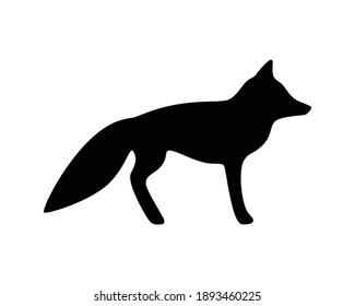 Vector isolated illustration. Flat black simplified profile silhouette of fox standing on all legs. She has big bushy tail (brush), triangular ears, pointed snout. Side view is on white background. 