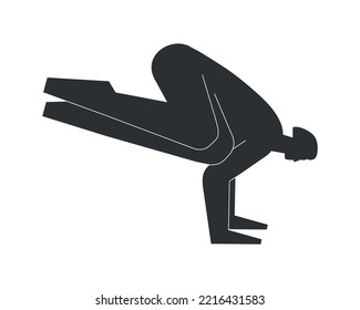 Vektorgrafik einzeln mit flacher schwarzer Silhouette weiblichen Charakters. Sportliche Frau lernt in der Yoga-Klasse Haltung Parsva Bakasana. Fitness-Übung - Seitenkegel (Krane) Pose
