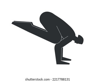 Vector isolated illustration with flat black silhouette of female character. Sportive woman learns yoga posture Bakasana. Fitness exercise - Crane Pose. Minimalistic design on white background