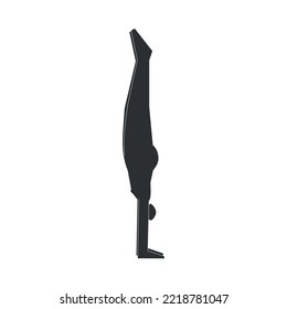 Vector isolated illustration with flat black silhouette of female character. Sportive woman learns yoga posture Adho Mukha Vrksasana. Fitness exercise - Handstand Pose. Minimalistic design