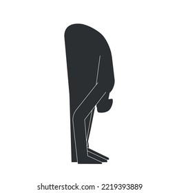Vector isolated illustration with flat black silhouette of female character. Sportive woman learns yoga posture Uttanasana. Fitness exercise - Standing Forward Bend. Minimalistic design