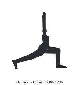 Vector isolated illustration with flat black silhouette of female character. Sportive woman learns strengthening yoga posture. Fitness exercise - Crescent Pose High Lunge. Minimalistic design