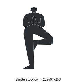 Vector isolated illustration with flat black silhouette of female person doing finess. Athletic woman learns yoga posture Vrksasana. Standing sportive exercise - Tree Pose.