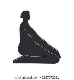 Vector isolated illustration with flat black silhouette of female person doing finess. Athletic woman learns yoga posture - Hero Pose. Sportive exercise - Virasana