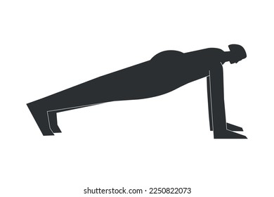Vector isolated illustration with flat black silhouette of female character. Sportive woman learns yoga posture Plank Pose. Fitness exercise iand minimalistic linocut