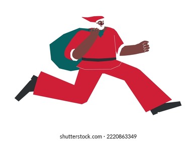 Vector isolated illustration with flat character of African American Santa Claus in red costume in Christmas time. He runs, holds bag with gifts. Concept for banner about sale, shopping in last moment