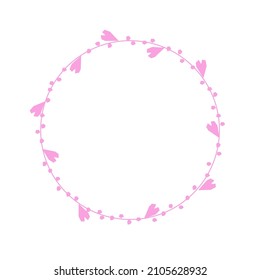 Vector isolated illustration with flat circle pink wreath as love symbol. Frame has line, leaves, hearts. Creative decoration for design of Saint Valentine's day. Pastel vignette is elegant template 