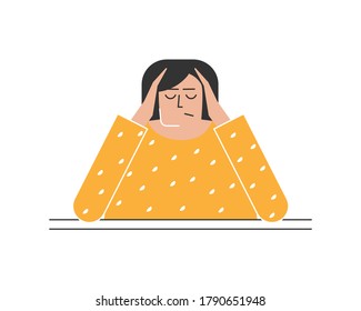 Vector isolated illustration. Flat concept about feeling trouble. Sad woman is sitting at table, resting her head on hands. She has stressful facial expression. Problem with mental health, depression