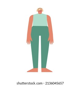 Ilustración aislada del vector. Carácter femenino plano con equipo deportivo. Una mujer rubia caucásica usa piernas verdes y camiseta para ejercicios en clase de yoga. Símbolo de la persona atlética