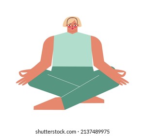 Vector isolated illustration with flat female sportive character. Strong adult blonde woman learns basic posture and does Easy Pose at yoga class. Core exercise for meditation - Sukhasana