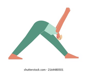 Vector isolated illustration with flat female character. Sportive woman learns posture Parsvottanasana at yoga class. Fitness exercise - Pyramid Pose