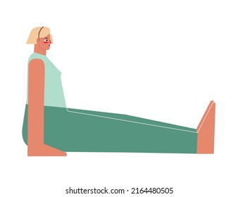 Vector isolated illustration with flat female character. Sportive woman learns Seated posture Dandasana at yoga class. Fitness exercise - Staff Pose
