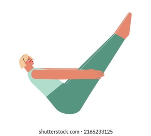 Vector isolated illustration with flat female character. Strong woman learns posture Paripurna Navasana at yoga class. Fitness exercise - Boat Pose. White background