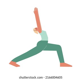 Vector isolated illustration with flat female character. Sportive woman learns Standing posture Virabhadrasana I at yoga class. Fitness exercise - Warrior I