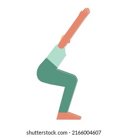 Vector Isolated Illustration With Flat Female Character. Sportive Woman Learns Strengthening Posture Utkatasana At Yoga Class. Fitness Exercise - Chair Pose