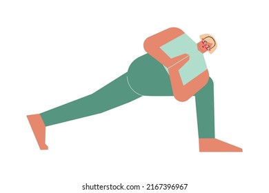 Vector isolated illustration with flat female character. Sportive woman learns Strengthening posture Parivrtta Parsvakonasana at yoga class. Fitness exercise - Revolved Side Angle Pose