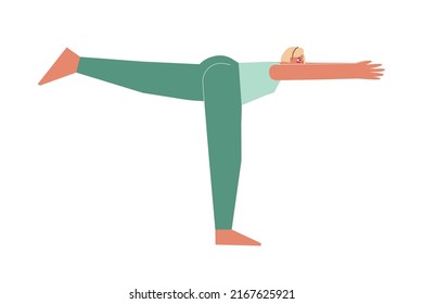 Vektorgrafik einzeln mit flachem weiblichem Charakter. Sportlerin lernt Balancing Haltung Virabhadrasana III in der Yoga-Klasse. Fitnessübung - Krieger 