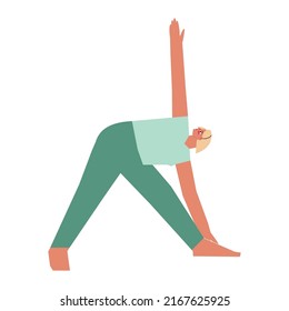Ilustración aislada de vectores con carácter femenino plano. La deportista aprende a fortalecer la postura de Utthita Trikonasana en la clase de yoga. Ejercicio de aptitud física - Pose triangular extendido