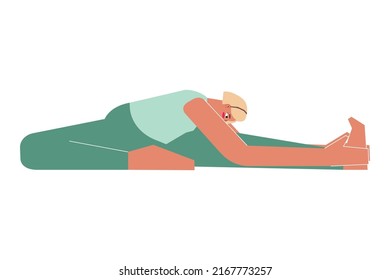 Vector isolated illustration with flat female character. Sportive woman learns posture Janu Sirsasana at yoga class. Fitness exercise - Head to Knee Forward Bend