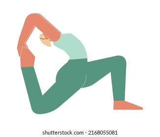 Vector isolated illustration with flat female character. Sportive woman learns posture with Backbend - Eka Pada Rajakapotasana 2 at yoga class. Fitness exercise - One Legged King Pigeon Pose II