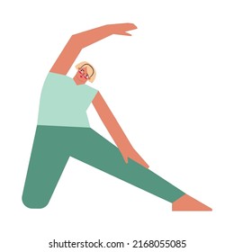 Vector isolated illustration with flat female character. Sportive woman learns Standing posture Parighasana at yoga class. Fitness exercise - Gate Pose