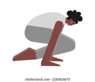 Vector isolated illustration with flat female body positive character. Sportive african american woman does posture Pendant Pose at yoga class. Fitness exercise - Lolasana