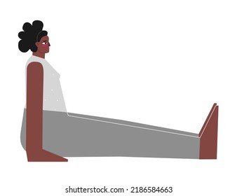 Ilustración aislada de vectores con carácter positivo de cuerpo femenino plano. Una afroamericana deportiva aprende la postura de Dandasana en la clase de yoga. Ejercicio de aptitud para el ejercicio físico - Pose del personal