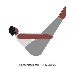 Vector isolated illustration with flat female character. Strong african american woman learns posture Paripurna Navasana at yoga class. Fitness exercise - Boat Pose