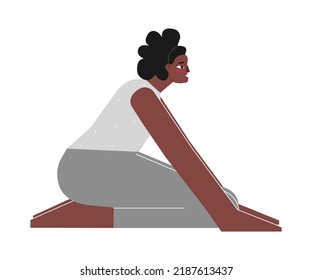 Ilustración aislada de vectores con carácter femenino plano. Una mujer afroamericana fuerte aprende a postular a Simhasana en la clase de yoga. Ejercicio de fitness - Lion Pose